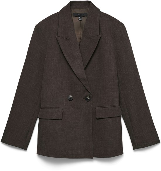 Bruine VERO MODA blazer met dubbele knopenrij, reverskraag en twee klepzakken. Melange stof.