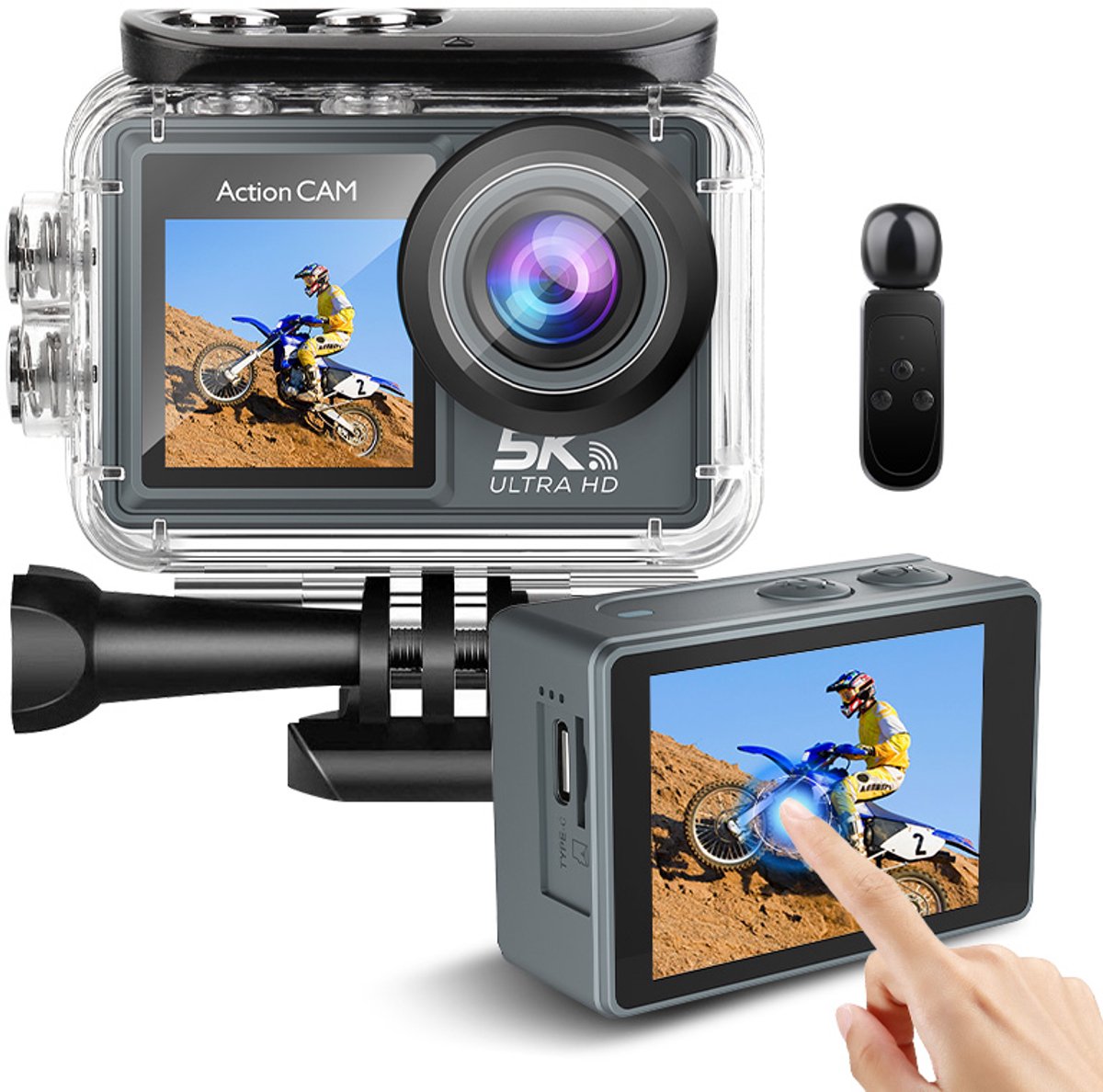 Wazomo - Actiecamera 5K - Externe Microfoon - afstandsbediening - Sports Camera - Waterdicht - Touch Screen - WIFI en App functie- Inclusief Accessoires