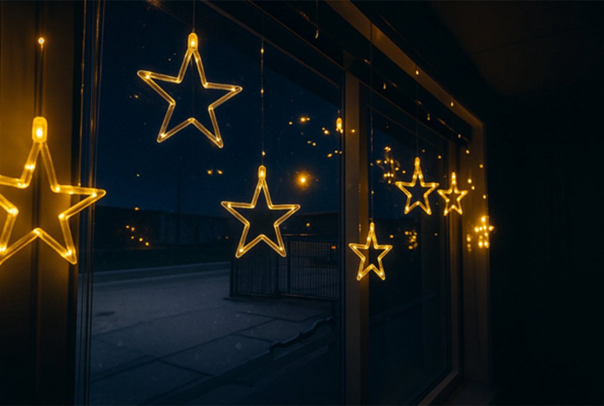 HEM LED Kerstster Lichtgordijn – 100 LED – Warm Wit – 8 Functies – Timer 6u/18u – 200x60 cm – Batterij – Kerstverlichting Binnen en beschut buiten (IP44) – Kerstster Raamverlichting met opbergzak
