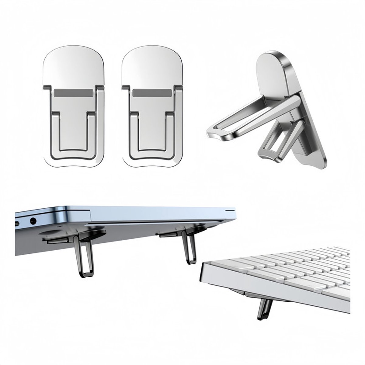 Mini opvouwbare laptopstandaard - Draagbare computertoetsenbordverhoger - 2 stuks - Zinklegering - Verstelbare hoeken - Zelfklevend en onzichtbaar - Notebookstandaard en toetsenbordlift - voor bureau - Zilver