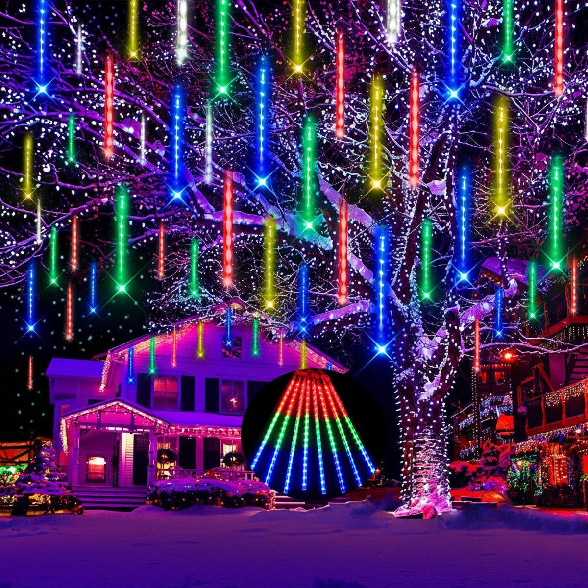 MUPOO 2x Kerstverlichting Meteorenregen Lichtsnoer voor buiten- 30cm 192 LEDS Veelkleurig - Vallende Sterren Effect-360° Buitenverlichting -Energiebesparing en milieubescherming- Perfect voor Gevelverlichting en Feestdecors