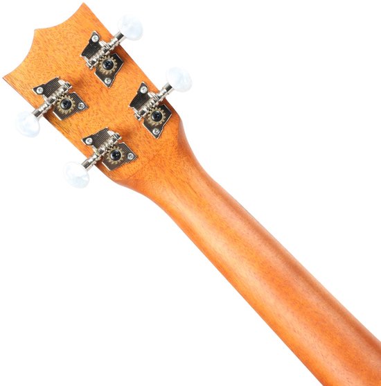 Close-up van de achterkant van de nek en kop van een naturel houten ukelele met vier stemknoppen.