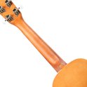 Close-up van de nek en de bovenkant van de body van een naturel houten ukelele.