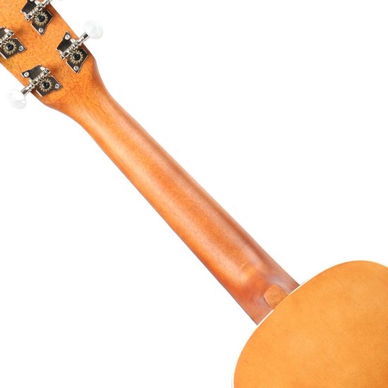 Close-up van de nek en de bovenkant van de body van een naturel houten ukelele.