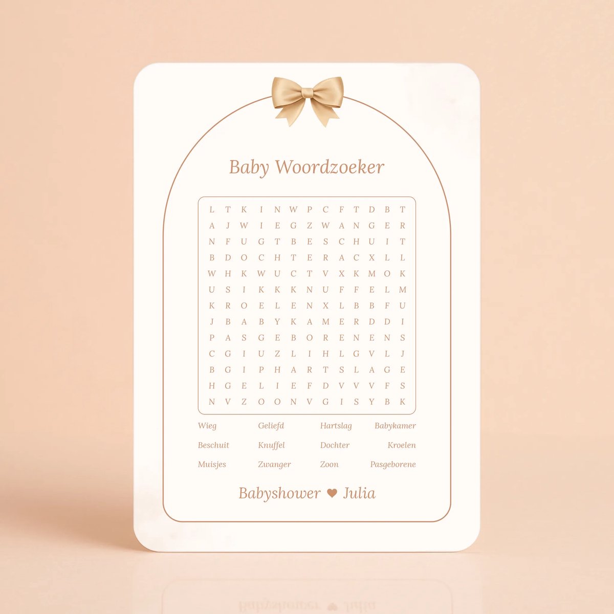 Gepersonaliseerde Gender Reveal & Babyshower invulkaarten - Baby Woordzoeker - Boho Beige met Beertje - 20 Stuks - Babyshower Spelletjes -Babyshower Cadeau