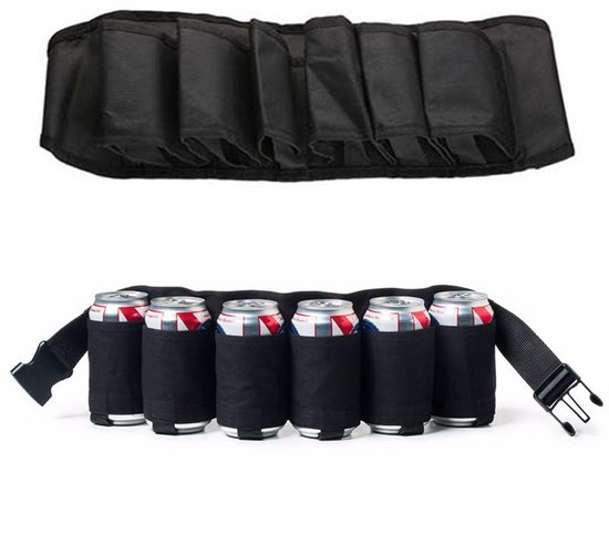 Beer Belt - Verstelbare Bier Riem - Bier Blikjeshouder - Bierhouder - Biergordel - Bierriem - Geschikt Voor 6 Blikjes - Frisdrank - Blikjeshouder - 62 X 17 Cm - Geschikt Voor Kamperen, Hiken, Buiten, Carnaval - One Size - Zwart