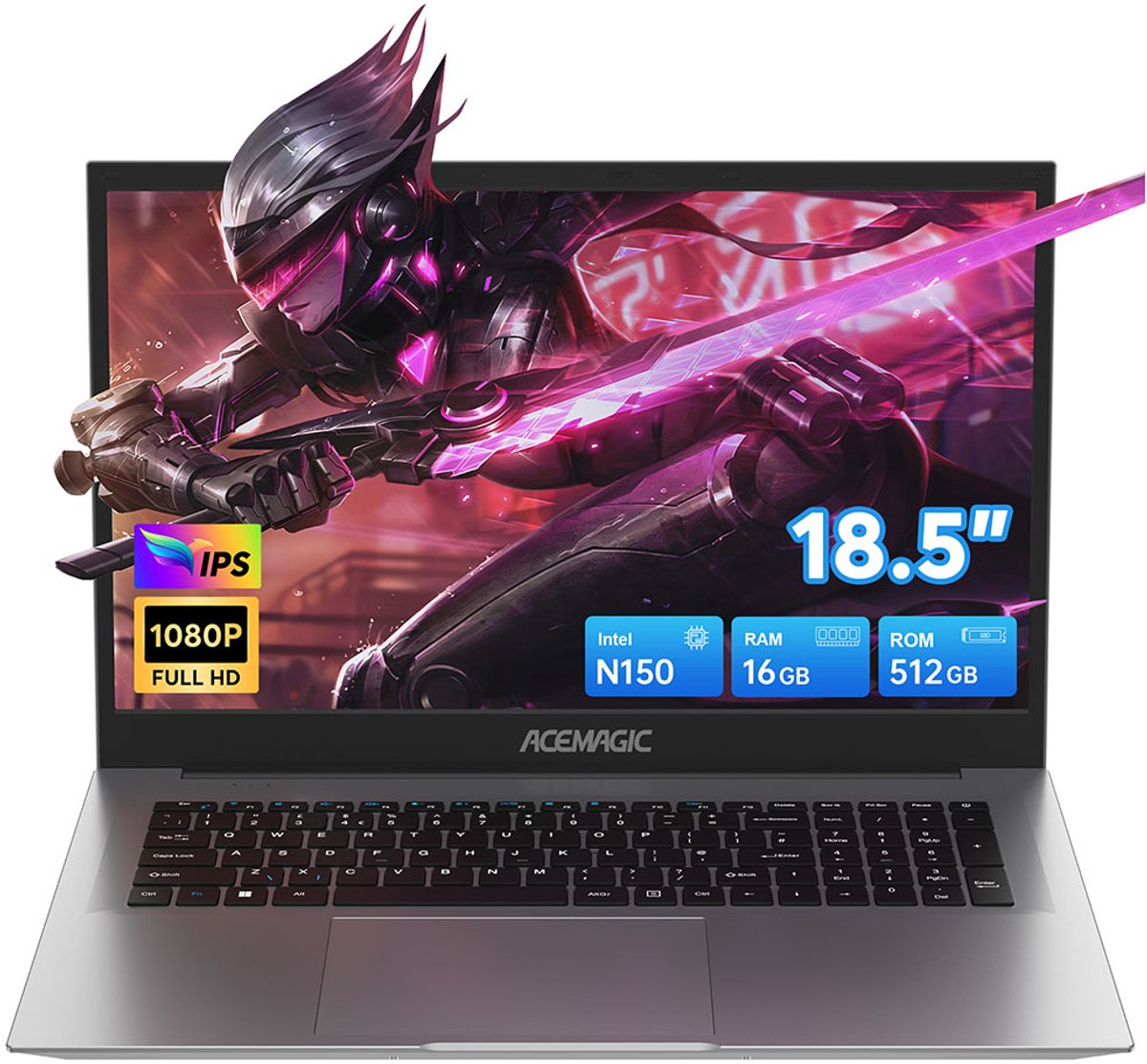 Image of Acemagic-18,5 inch IPS Full HD Laptop-lntel N150 -tot 3,6 GHz-16GB DDR4 RAM 512 GB SSD -Windows 11 Pro-WiFi 5- BT5.0-Zilver