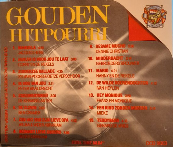 Gouden Hitpourri albumhoes met gele tekst en lijst van liedjes en artiesten.