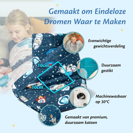 Ella Verzwaringsdeken Kind 3,2kg - OEKO-TEX Katoen Zwaartedeken 100 x 150cm - Weighted Blanket - Verzwaarde Deken Ruimte & Astronauten