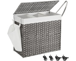 Wasmand met 3 Vakken & Deksel – Grijs Rotan Look – Met Wieltjes & Zijvak – Uitneembare Waszakken – 160L