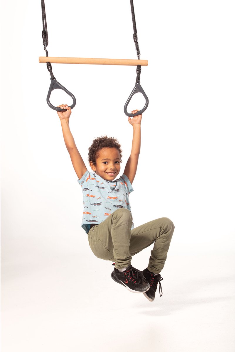 Houten Trapeze met Kunststof Ringen Antraciet - Zwart Gevlochten Touw — afbeelding 2