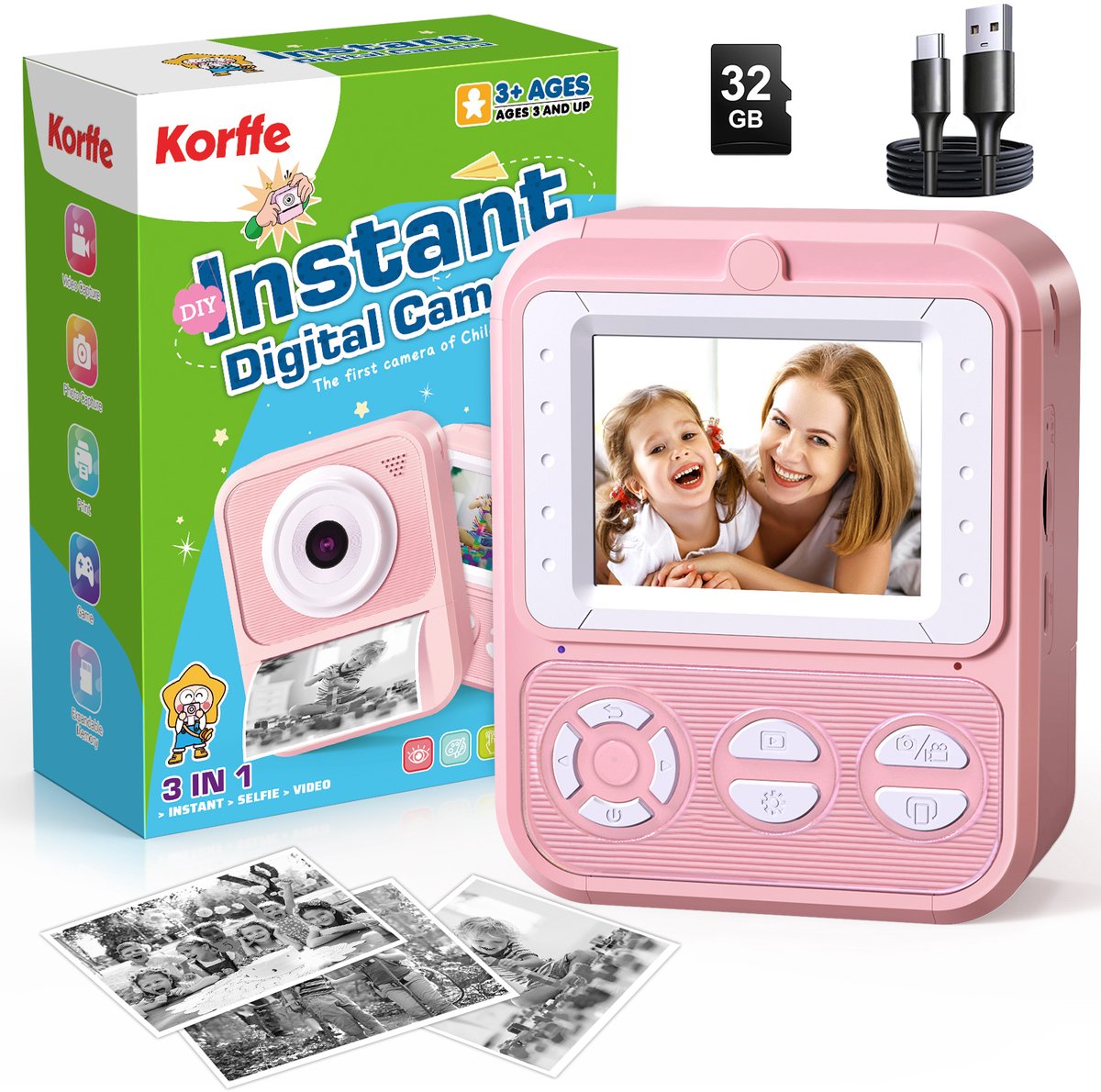 Korffe Kindercamera HD 1080P –Digitale Kindercamera- Instantcamera met 3 rollen printpapier & 32GB kaart – 2.4 inch scherm – Foto Video en Spelletjes -Pocket Printer-Roze