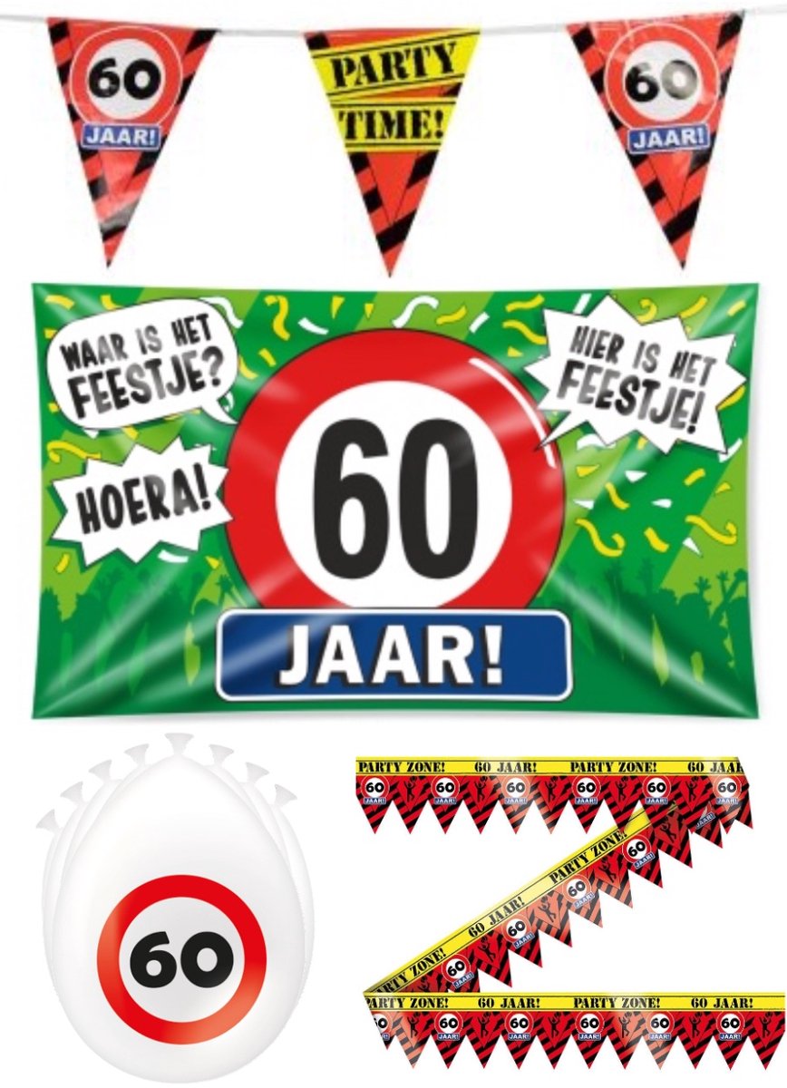 60 jaar versiering pakket - Versiering Verjaardag - Versiering Jaar Verjaardag - Slingers - Gevelvlag- Ballonnen – Afzetlint