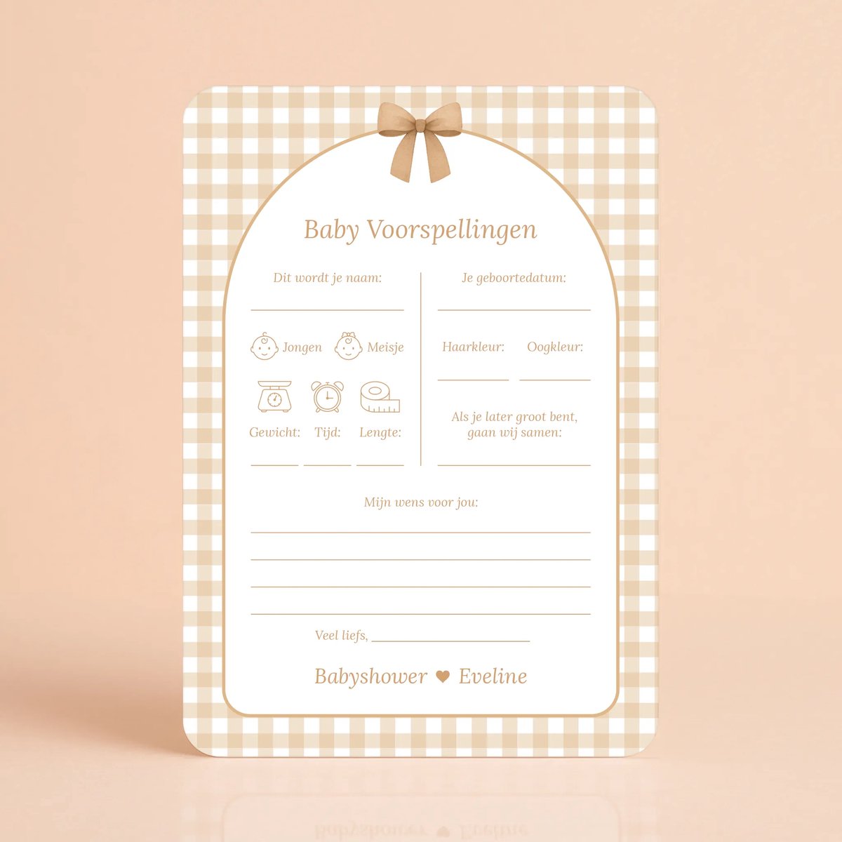 Gepersonaliseerde Gender Reveal & Babyshower invulkaarten – Baby Voorspellingen – Gingham Bruin - 20 Stuks - Babyshower Cadeau - Babyshower Spelletjes