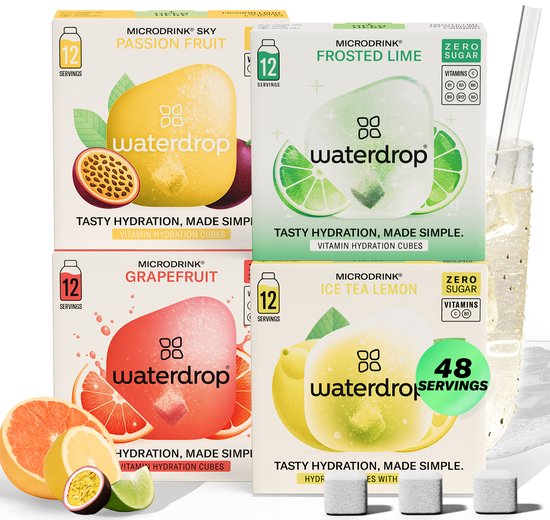 waterdrop® Microdrink Tropical Set – 48 hydratatieblokjes voor water met fruitsmaak - Grapefruit, Limoen, Passievrucht & Ice Tea Citroen– Zonder suiker, met vitamine B+C & vegan