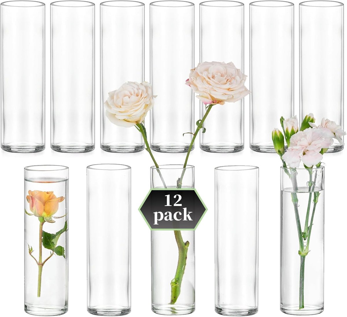 Famanu - Cilindervormige Glazen Vaas voor Tafelversiering: Set van 12 Kleine Vazen voor Bruiloftstafelversieringen Feesttafelversieringen en Woondecoratie – Moderne Doorzichtige Vaas voor Bloemen
