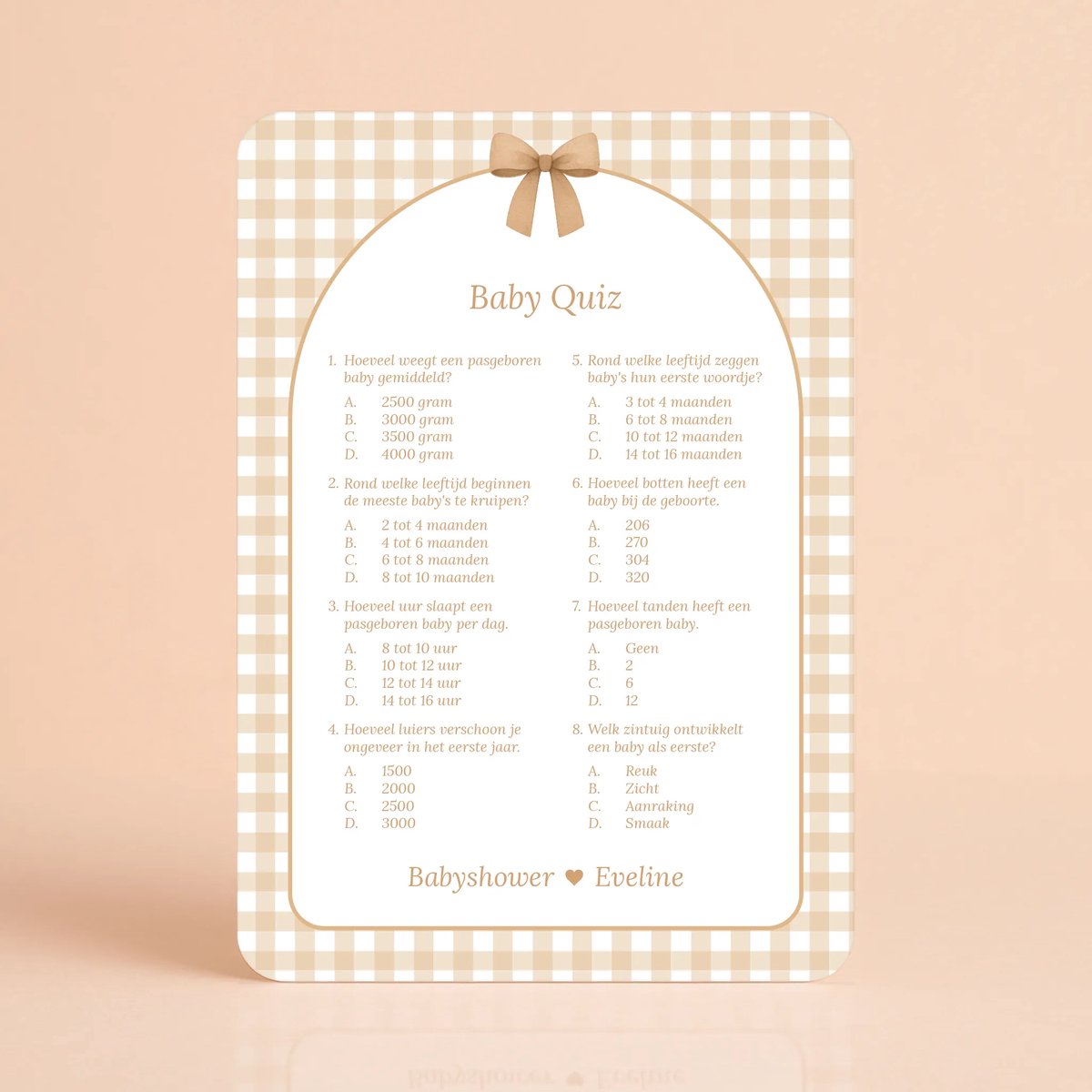 Gepersonaliseerde Gender Reveal & Babyshower invulkaarten – Baby Quiz – Gingham Bruin - 20 Stuks - Babyshower Cadeau - Babyshower Spelletjes