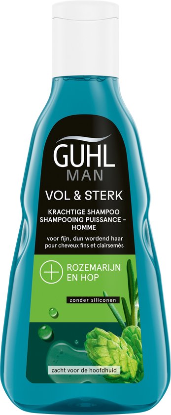 Guhl Man Vol & Sterk shampoo fles met rozemarijn en hop. Zonder siliconen. Zacht voor de hoofdhuid.