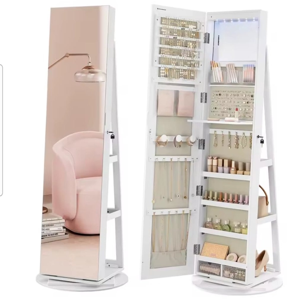 Sieradenkast met LED Verlichting en Spiegel – Draaibare Staande Sieraden Organizer met 3 Planken – Grote Opbergruimte voor Sieraden, Make-up en Accessoires – Witte Luxe Sieradenkast met Spiegeldeur
