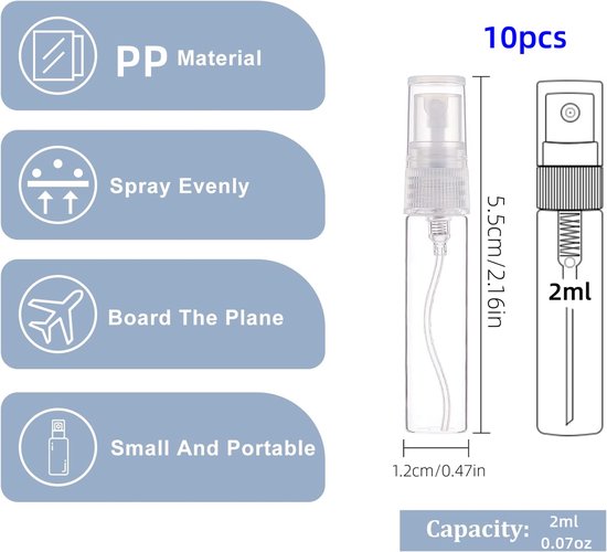 10 pack spray flesjes - parfum dispensers - mini spray flesjes - navulbaar - geschikt voor parfums, lotions, etherische oliën en water (1,2*5,5 cm - transparant) van Merkloos	 — afbeelding 2