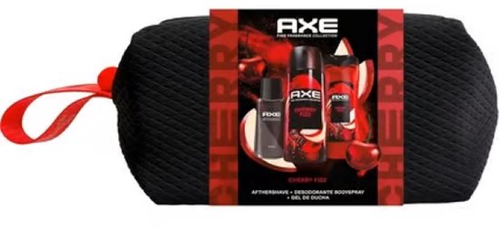 Axe Cherry Fizz geschenkset met aftershave, douchegel en deospray in een zwarte toilettas.