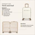 Witte koffer met gouden rits, handvat, slot en wielen, met overzicht binnen- en buitenkant.