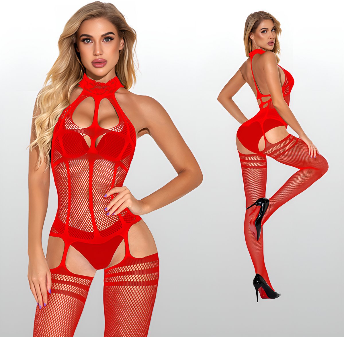 Sexy Rode Bodystocking Met Halsdetail - Erotische Lingerie - One Size S - L (36-40) | LS397