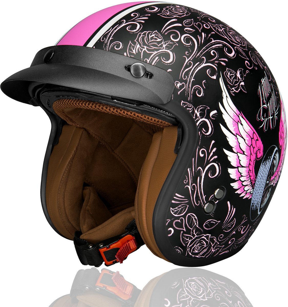 HSWHEEL Jethelm met UV-beschermend Vizier | Wasbaar & Verstelbaar | Scooterhelm & Motorhelm & Brommerhelm | Voor Heren & Dames | ECE 22.06 Goedgekeurd | Vintage Stijl | Zwart/Roze – XXL