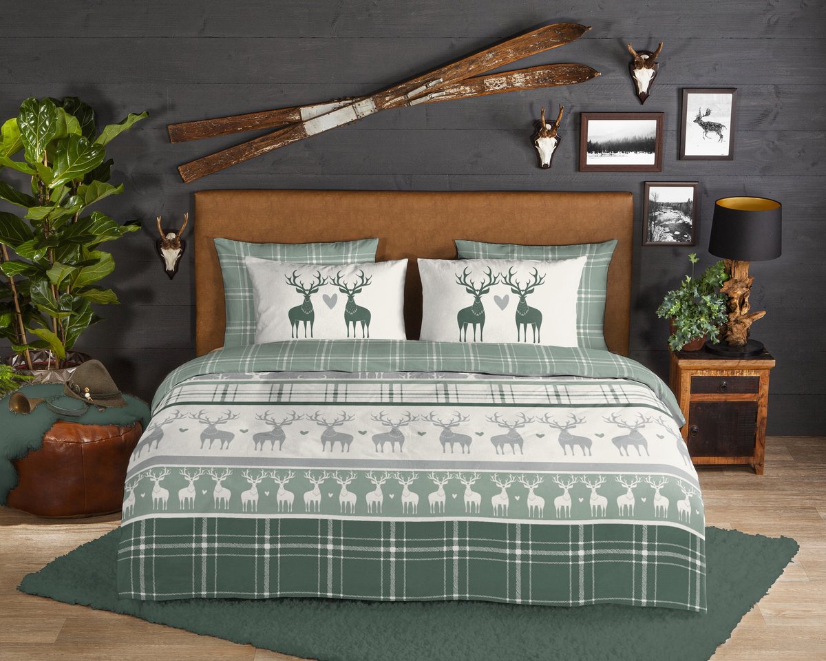 Good Morning dekbedovertrek rendieren - Lits jumeaux XL 260x200/220 cm - Groen - 100% Katoen flanel