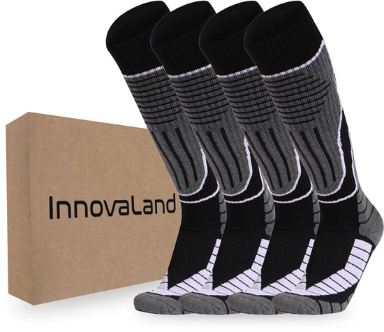 Innovaland - Skisokken - Set van 2 paar- 39/43 - Zwart Grijs - Heren - Dames - Kniekousen - Huissokken - Kousen - Ski Sokken - Warme Sokken - Wandelen - Warmte Sokken - Wintersokken