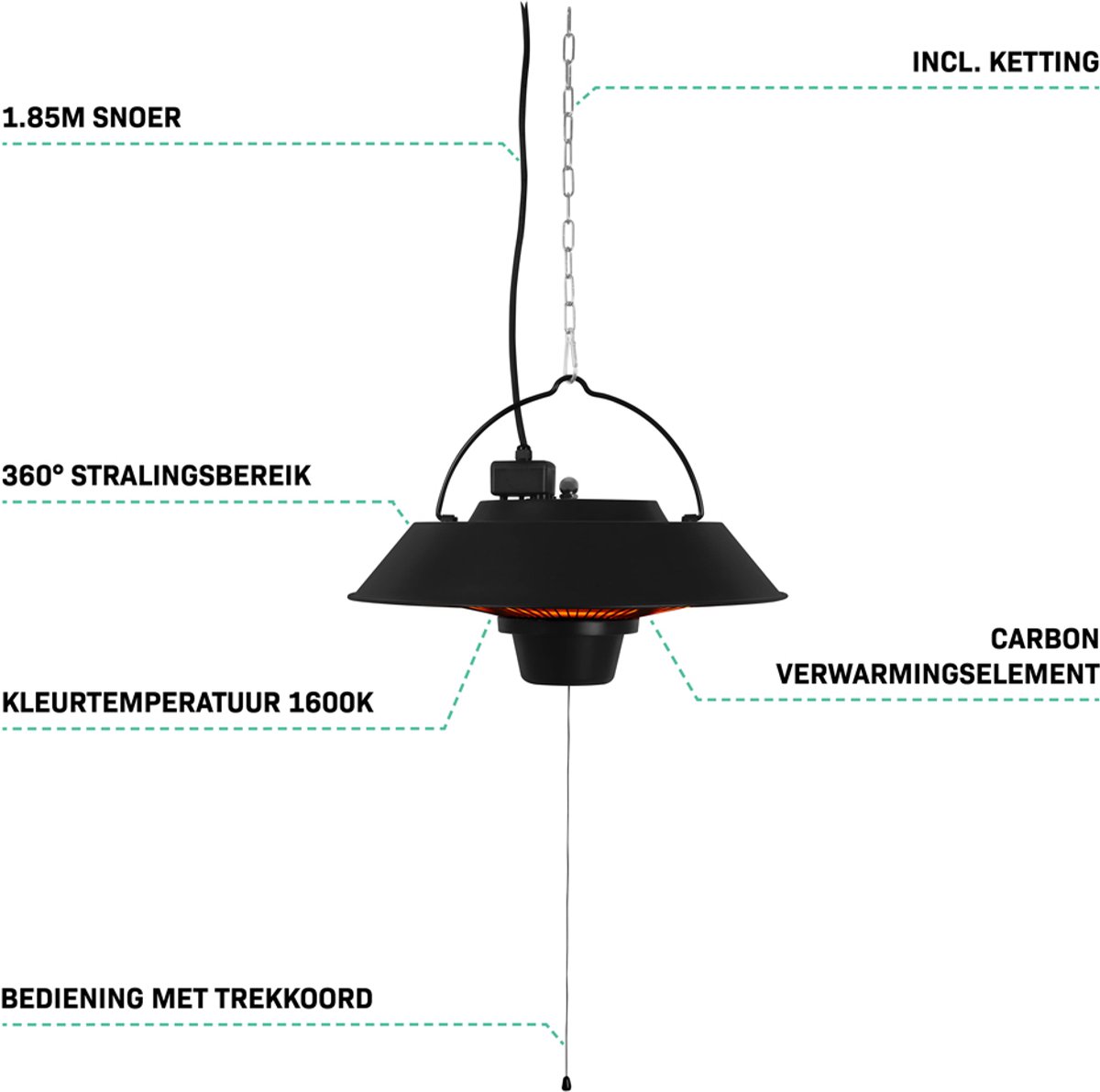 VONROC Sfeervolle terrasverwarmer – Heater Ustica – Infrarood – 1500W - Hoog rendement – Carbonfiberlamp – foto 3