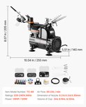 Zwarte VEVOR luchtcompressor met twee airbrush pistolen. Afmetingen weergegeven.