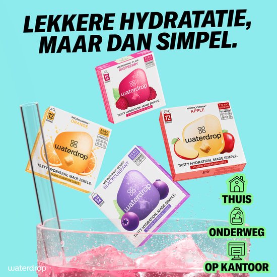 Waterdrop microdrinks in smaken orange, apple, raspberry en blackcurrant in een glas water. Thuis, onderweg, op kantoor.