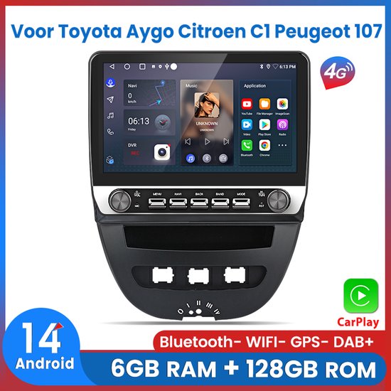 Awesafe Autoradio - RAM 6GB + ROM 128GB - 10.1 Inch Radio Scherm - Geschikt Voor Toyota Aygo Citroen C1 Peugeot 107 2005 t/m 2014 - Draadloze Carplay Android Auto - GPS Navigatie - Bluetooth Wifi