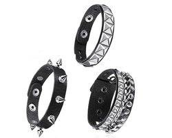 3-delige Punk Stijl Armbandenset - Universeel - Punk Rock Leren Armband met Studs - Zwarte Gothic Armband - Verstelbaar - Wikkelarmband - Geschikt voor Feesten, Concerten, Themafeesten - Zwart, Zilver