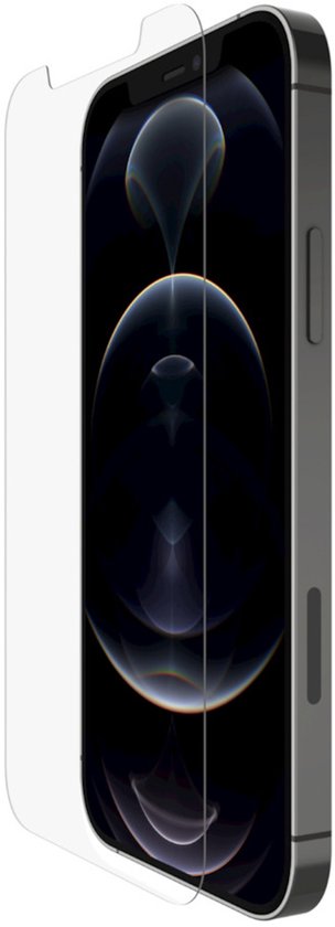 iPhone 12 Pro met een heldere screenprotector erop, zicht op de zijkant.