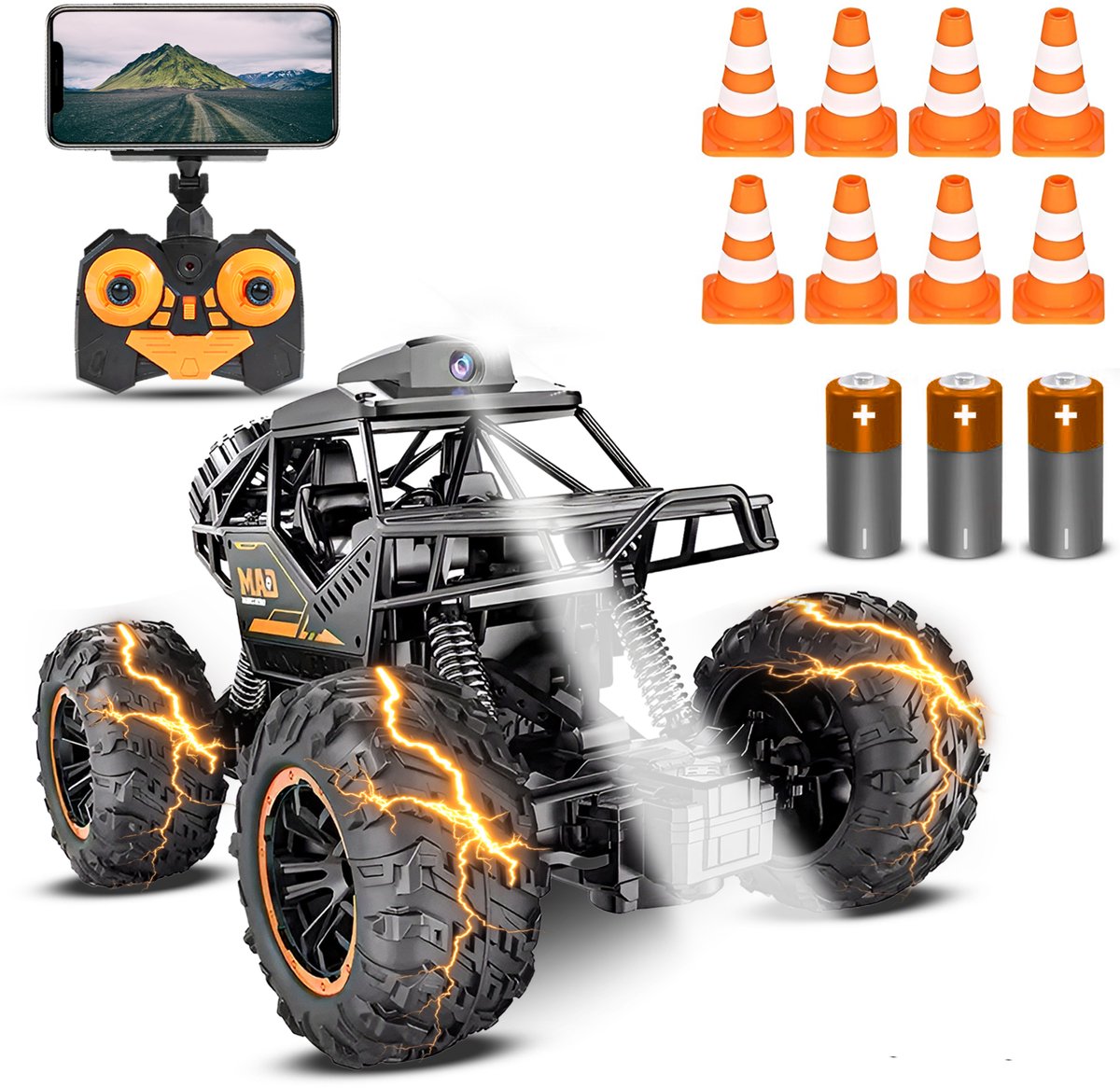 HAWX Bestuurbare Auto - 4K Camera - RC Auto - Race Auto - Monstertruck - Afstandsbestuurbare Auto - Volwassenen en Jongens - Voor Buiten - Incl. 3 Batterijen, 8 Verkeerskegels