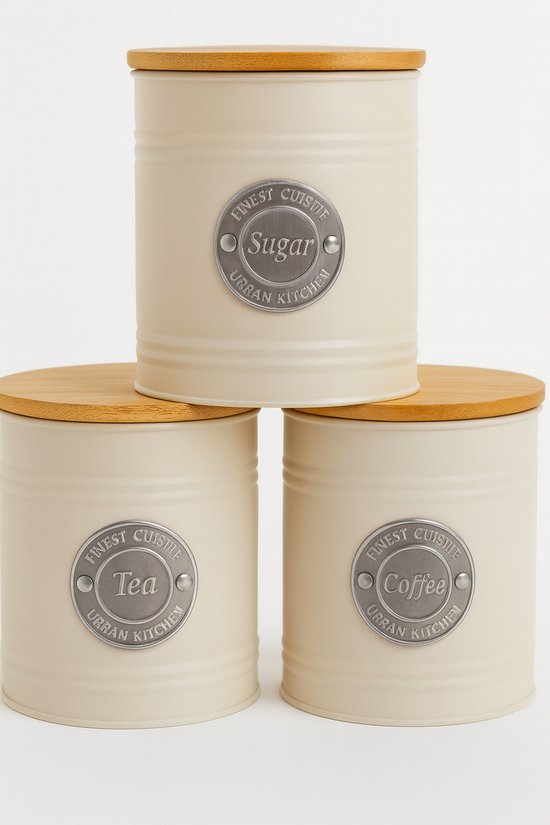 Bidons alimentaires Kadirelli avec couvercle en Bamboe - Café, Thee et sucre - Wit/ Argent