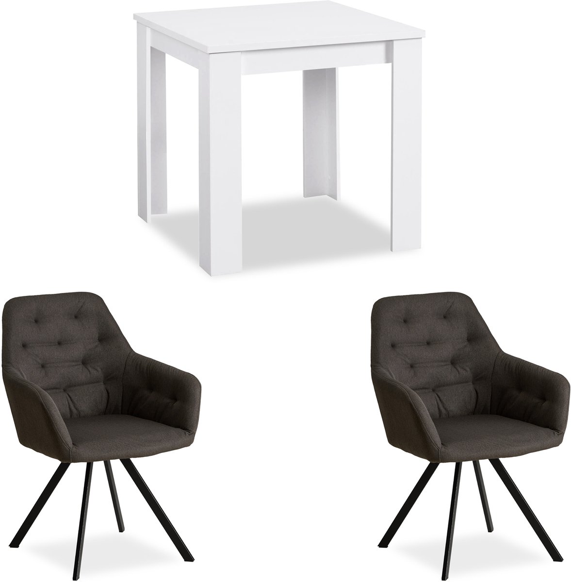 Homestyle4u Eethoeken - 80x80 cm - met 2 Stoelen - Antraciet - Eettafel Wit