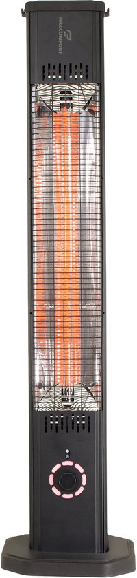 Zwarte staande infraroodverwarming met oranje gloeiende elementen en bedieningsknop.