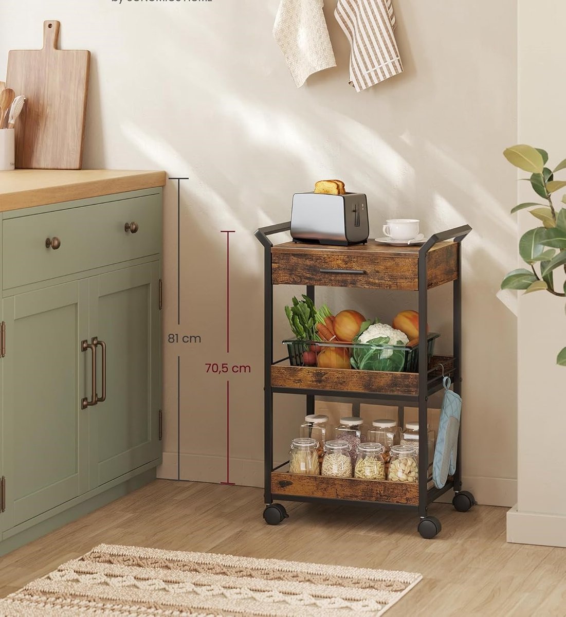 Premium 3-Laags Keukentrolley met Lade - Zwart - Lade Remmen – Serveerwagen Bovenblad - Medahomestore
