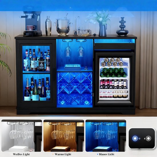 Zwarte buffetkast met glazen deuren, wijnrek en minibar, met blauwe en witte LED-verlichting. Toont diverse verlichtingsopties.