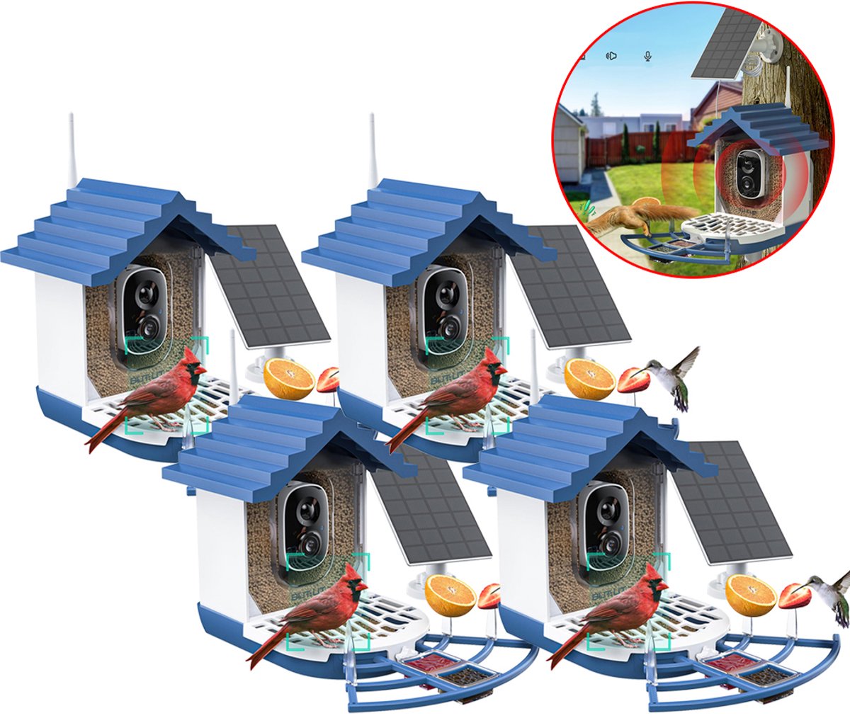 Vogelhuisje met Camera – Live Vogels Spotten via je Smartphone - Slim Vogelvoederhuisje met AI‑Herkenning – 2K FULL HD & Kleur‑Nachtzicht – Zonnepaneel & Draadloos – Cadeau voor Natuurliefhebbers - 4 stuks