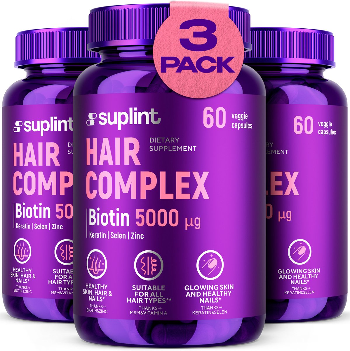 Hair Complex - Haar Vitamines - Haargroei - Biotine - Haar vitamines haaruitval - Haar groei - Haarvitamines haargroei - Bij haaruitval - Haar, huid en nagels - 3x60 capsules - Beauty supplement - Suplint