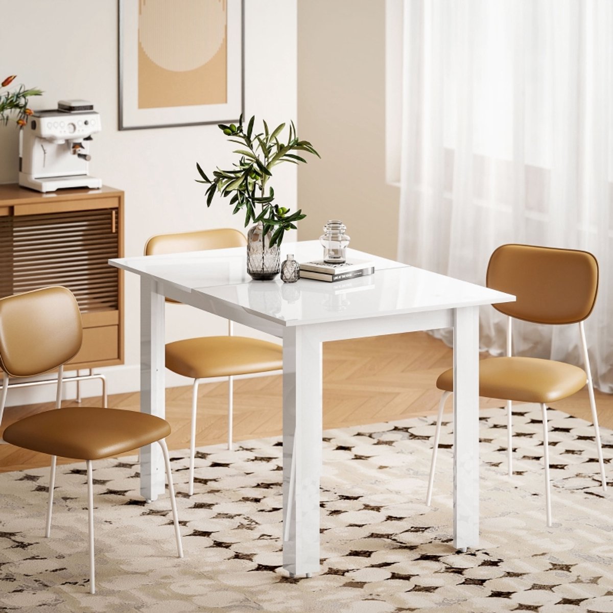 MODFU Uitklapbare Eettafel 120-160 x 80 cm Hoogglans Wit | MDF, Ruimtebesparend, 4-6 Personen