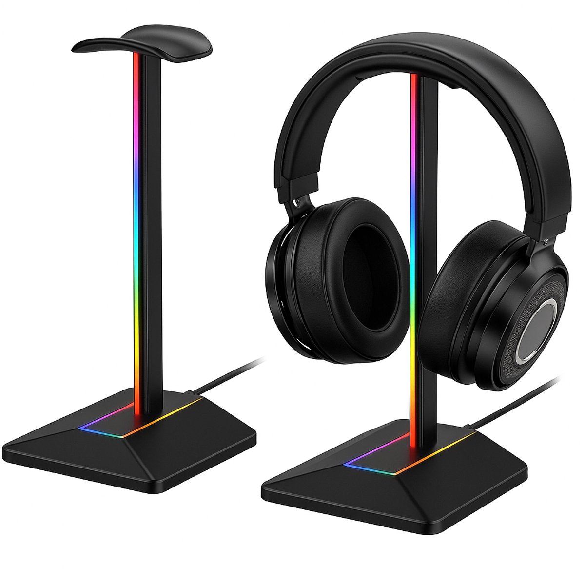 RGB headset standaard – Koptelefoon houder – Gaming headset stand – LED verlichting met 7 lichtmodi – Antislip rubber basis – Aluminium headsethouder – Bureau accessoire voor gamers – Stabiele opbergstandaard voor hoofdtelefoons en headsets