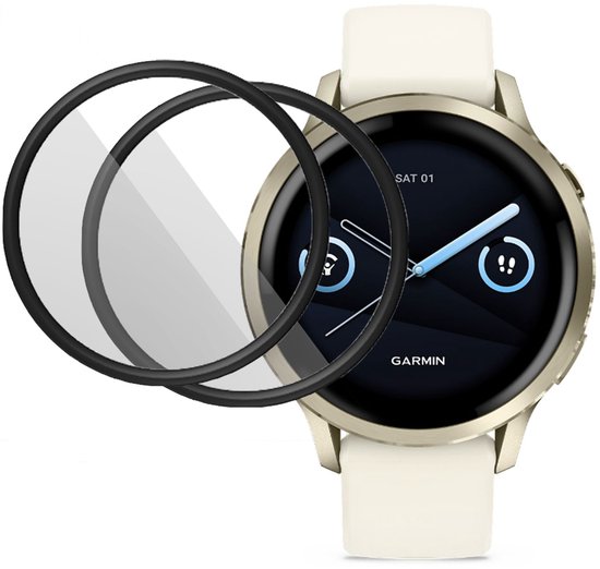 Montre dorée à bracelet blanc, avec deux protecteurs d'écran transparents à côté.