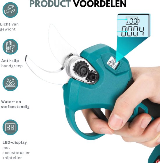 Truskore Elektrische Snoeischaar - Draadloos - Professioneel Takkenschaar voor 28 & 40mm - Tuinschaar - Heggenschaar op Batterij - Inclusief Opberkoffer, 2 Accu's & Reserve Set Snoeimes van Truskore — afbeelding 3