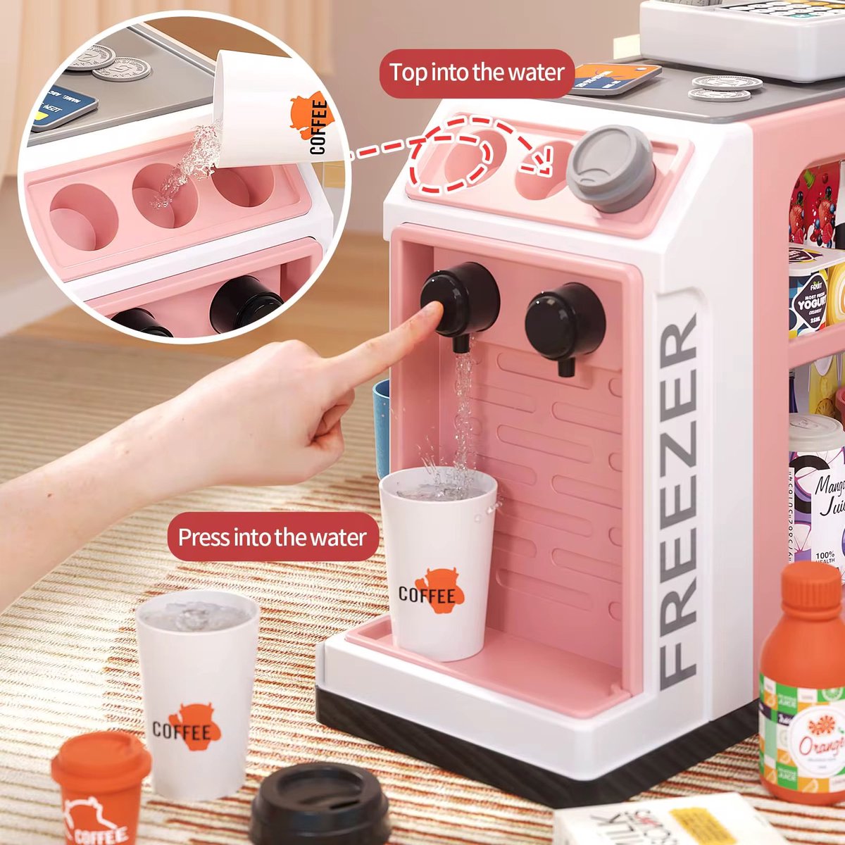 OodBlue-46 stuks speelkassa voor kinderen met scanner speelgeld en Koffiezetapparaat Speelset voor kinderen — afbeelding 5
