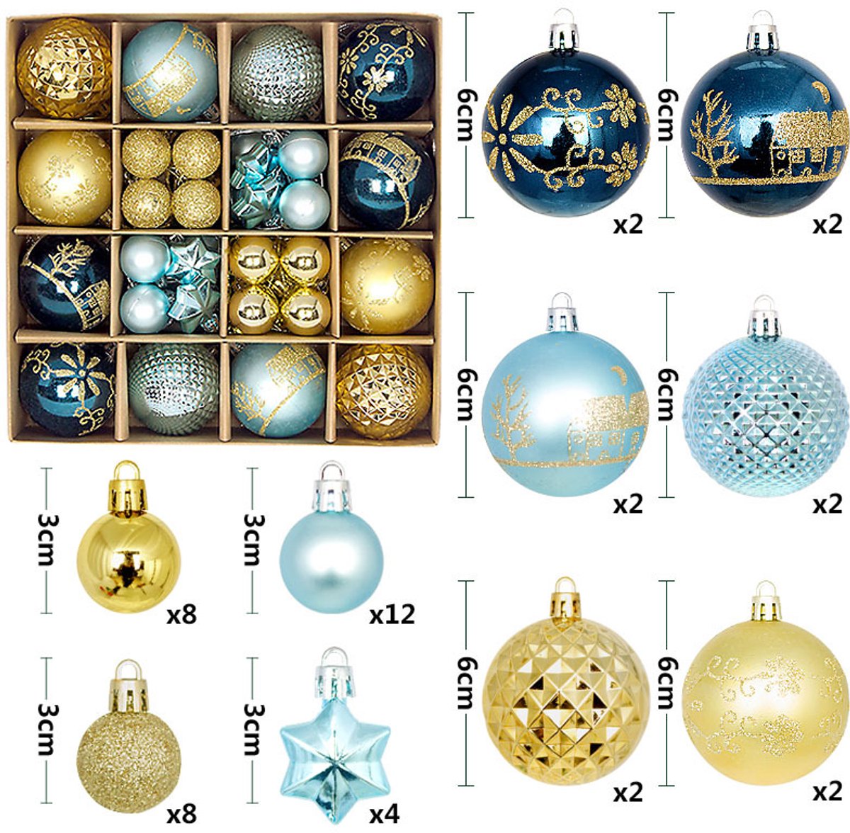 Zandarix Deluxe Kerstballen Ornamenten Set (44 Stuks) – Mix van 3–6 cm PVC in Luxe Geschenkdoos - Blauw/Goud